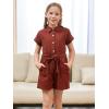 imageGORLYA Girls Peter Pan Collar Linen Casual Jumpsuit Outfits Button Belted Wide Leg Shorts Rompers 414TBrown