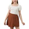 imageGORLYA Girls Skirt Sets Puff Sleeve Casual Summer Rib Knit Tops and Button Irregular Skirt 2 Pieces Outfit Clothes 614YBrownwhite