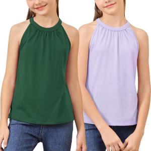 imageGORLYA 2 Pack Girls Halter Neck Summer Sleeveless Shirt Multipacks Casual Curvy Tank Tops for 614YGreenlilac