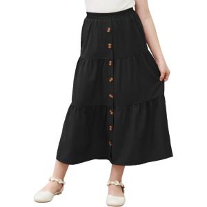 imageGORLYA Girls Casual Button Front Ruffle Hem Elastic High Waist Long Swing Tiered Maxi Skirt for 616YBlack