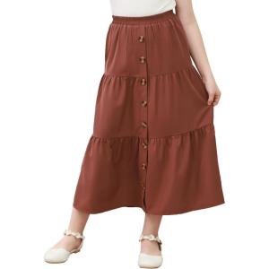imageGORLYA Girls Casual Button Front Ruffle Hem Elastic High Waist Long Swing Tiered Maxi Skirt for 616YBrown