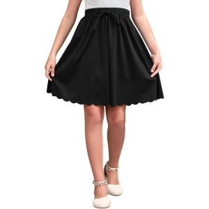 imageGORLYA Girls Casual Scallop Trim Hem Elastic Waist ALine Swing Midi Skirt with Pockets for 414TBlack