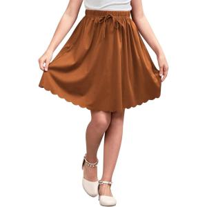 imageGORLYA Girls Casual Scallop Trim Hem Elastic Waist ALine Swing Midi Skirt with Pockets for 414TBrown