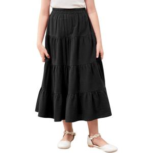 imageGORLYA Girls Casual Vintage Solid Elastic High Waist Tiered Hem Long Swing Linen Maxi Skirt for 414TBlack