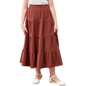 imageGORLYA Girls Casual Vintage Solid Elastic High Waist Tiered Hem Long Swing Linen Maxi Skirt for 414TBrown