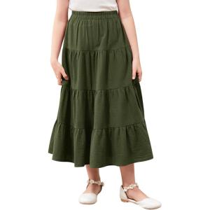 imageGORLYA Girls Casual Vintage Solid Elastic High Waist Tiered Hem Long Swing Linen Maxi Skirt for 414TGreen