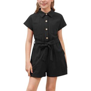 imageGORLYA Girls Peter Pan Collar Linen Casual Jumpsuit Outfits Button Belted Wide Leg Shorts Rompers 414TBlack
