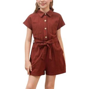 imageGORLYA Girls Peter Pan Collar Linen Casual Jumpsuit Outfits Button Belted Wide Leg Shorts Rompers 414TBrown