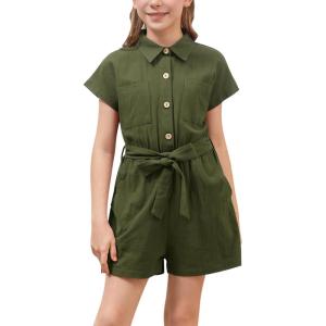 imageGORLYA Girls Peter Pan Collar Linen Casual Jumpsuit Outfits Button Belted Wide Leg Shorts Rompers 414TGreen