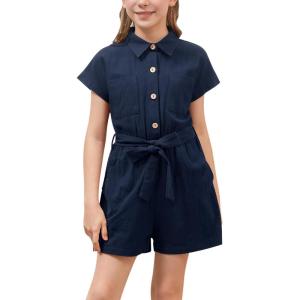 imageGORLYA Girls Peter Pan Collar Linen Casual Jumpsuit Outfits Button Belted Wide Leg Shorts Rompers 414TNavy