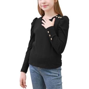 imageGORLYA Girls Puffy Long Sleeve Casual Button Shirts Lettuce Trim Ribbed Knit Blouse Tee Tops 816YBlack