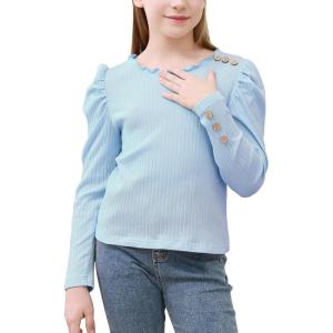 imageGORLYA Girls Puffy Long Sleeve Casual Button Shirts Lettuce Trim Ribbed Knit Blouse Tee Tops 816YBlue