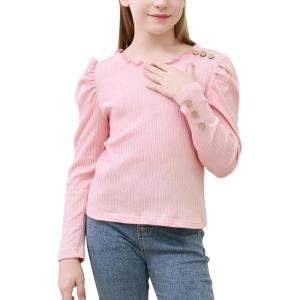 imageGORLYA Girls Puffy Long Sleeve Casual Button Shirts Lettuce Trim Ribbed Knit Blouse Tee Tops 816YPink
