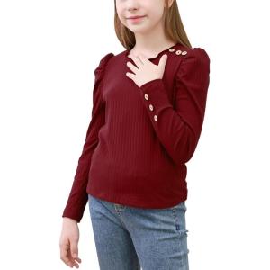imageGORLYA Girls Puffy Long Sleeve Casual Button Shirts Lettuce Trim Ribbed Knit Blouse Tee Tops 816YWine Red