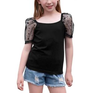 imageGORLYA Girls Sheer Dobby Mesh Raglan Sleeve Shirt Tops Square Neck Fitted Tee Blouses for 414TBlack