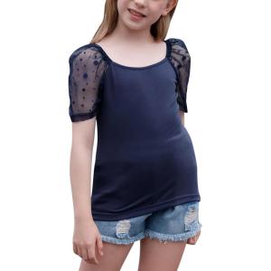 imageGORLYA Girls Sheer Dobby Mesh Raglan Sleeve Shirt Tops Square Neck Fitted Tee Blouses for 414TNavy