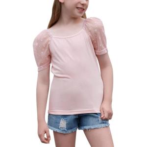 imageGORLYA Girls Sheer Dobby Mesh Raglan Sleeve Shirt Tops Square Neck Fitted Tee Blouses for 414TPink