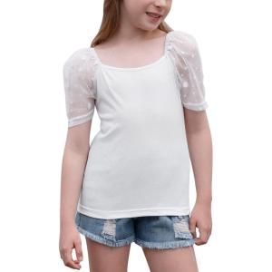 imageGORLYA Girls Sheer Dobby Mesh Raglan Sleeve Shirt Tops Square Neck Fitted Tee Blouses for 414TWhite