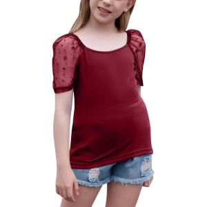 imageGORLYA Girls Sheer Dobby Mesh Raglan Sleeve Shirt Tops Square Neck Fitted Tee Blouses for 414TWine Red