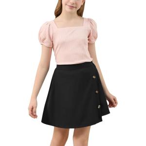 imageGORLYA Girls Skirt Sets Puff Sleeve Casual Summer Rib Knit Tops and Button Irregular Skirt 2 Pieces Outfit Clothes 614YBlackpink