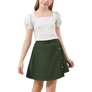 imageGORLYA Girls Skirt Sets Puff Sleeve Casual Summer Rib Knit Tops and Button Irregular Skirt 2 Pieces Outfit Clothes 614YGreenwhite