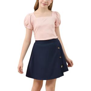 imageGORLYA Girls Skirt Sets Puff Sleeve Casual Summer Rib Knit Tops and Button Irregular Skirt 2 Pieces Outfit Clothes 614YNavypink