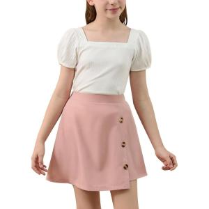 imageGORLYA Girls Skirt Sets Puff Sleeve Casual Summer Rib Knit Tops and Button Irregular Skirt 2 Pieces Outfit Clothes 614YPinkwhite
