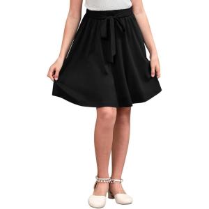 imageGORLYA Girls Tie Belt High Waist Flowy ALine Flared Skater Midi Skirt with Pockets for 414TBlack