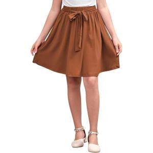 imageGORLYA Girls Tie Belt High Waist Flowy ALine Flared Skater Midi Skirt with Pockets for 414TBrown