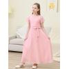 imageGORLYA Girls Scoop Neck Ruffle Sleeve Vintage Elegant Flowy Wedding Party Long Maxi Chiffon Dress 1016YPink
