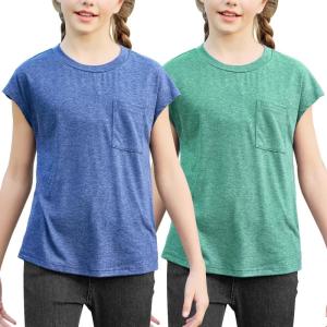 imageGORLYA 2 Pack Girls Cap Sleeve Summer TShirt Multipacks Casual Loose Basic Tee Tops with Pocket 614YBluegreen