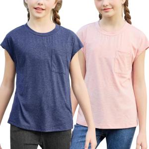 imageGORLYA 2 Pack Girls Cap Sleeve Summer TShirt Multipacks Casual Loose Basic Tee Tops with Pocket 614YNavypink