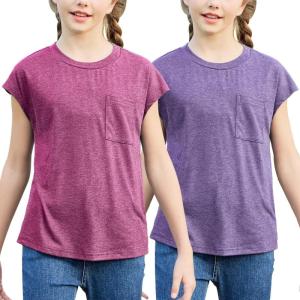imageGORLYA 2 Pack Girls Cap Sleeve Summer TShirt Multipacks Casual Loose Basic Tee Tops with Pocket 614YRedlilac