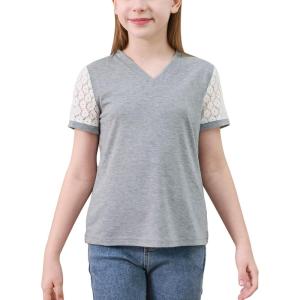 imageGORLYA Girls Lace Sheer Sleeve Contrast TShirt Short Sleeve V Neck Casual Modest Tee Tops for 616YGray