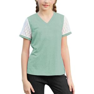 imageGORLYA Girls Lace Sheer Sleeve Contrast TShirt Short Sleeve V Neck Casual Modest Tee Tops for 616YGreen
