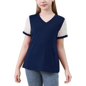 imageGORLYA Girls Lace Sheer Sleeve Contrast TShirt Short Sleeve V Neck Casual Modest Tee Tops for 616YNavy