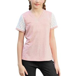 imageGORLYA Girls Lace Sheer Sleeve Contrast TShirt Short Sleeve V Neck Casual Modest Tee Tops for 616YPink