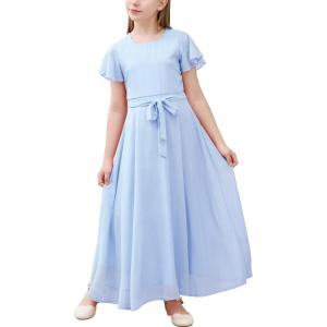 imageGORLYA Girls Scoop Neck Ruffle Sleeve Vintage Elegant Flowy Wedding Party Long Maxi Chiffon Dress 1016YLight Blue