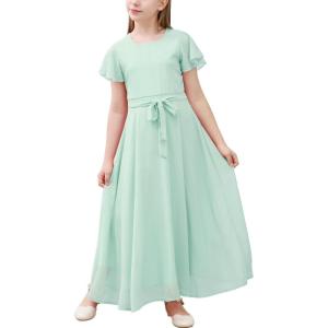 imageGORLYA Girls Scoop Neck Ruffle Sleeve Vintage Elegant Flowy Wedding Party Long Maxi Chiffon Dress 1016YLight Green