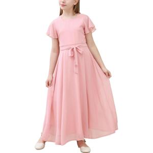 imageGORLYA Girls Scoop Neck Ruffle Sleeve Vintage Elegant Flowy Wedding Party Long Maxi Chiffon Dress 1016YPink