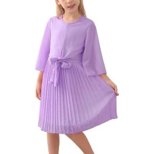 imageGORLYA Girls Bell Sleeve Front Bow Tie Casual Elegant Fit and Flare Chiffon Pleated Dress for 414T Kids