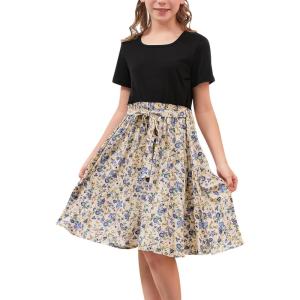 imageGORLYA Girls Casual Vintage Contrast Patchwork Floral Print ALine Midi Shirt Dress with Belt 414YPink Print
