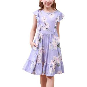 imageGORLYA Girls Flounce Trim Flutter Sleeve ALine Ruffle Hem Casual Party Midi Dress with Pockets 414YMauve Flower