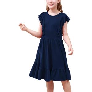 imageGORLYA Girls Flounce Trim Flutter Sleeve ALine Ruffle Hem Casual Party Midi Dress with Pockets 414YNavy