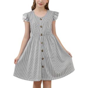 imageGORLYA Girls Flutter Sleeve ALine Button Down Summer Striped Casual Midi Dress for 614Y KidsBlack Stripe