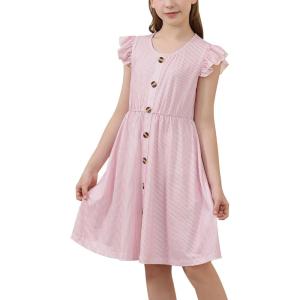 imageGORLYA Girls Flutter Sleeve ALine Button Down Summer Striped Casual Midi Dress for 614Y KidsPink Stripe
