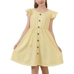 imageGORLYA Girls Flutter Sleeve ALine Button Down Summer Striped Casual Midi Dress for 614Y KidsYellow Stripe