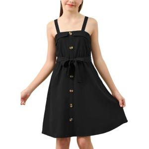 imageGORLYA Girls Front Button Down Summer Sundress Casual ALine Spaghetti Strap Belted Midi Dress 614YBlack