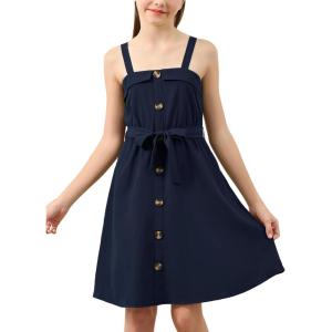 imageGORLYA Girls Front Button Down Summer Sundress Casual ALine Spaghetti Strap Belted Midi Dress 614YNavy