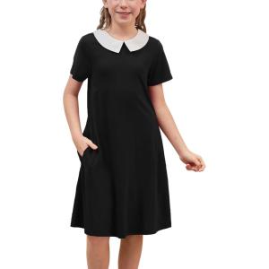 imageGORLYA Girls Peter Pan Collar Vintage Casual Loose Straight Swing TShirt Dress with Pockets 414YBlack